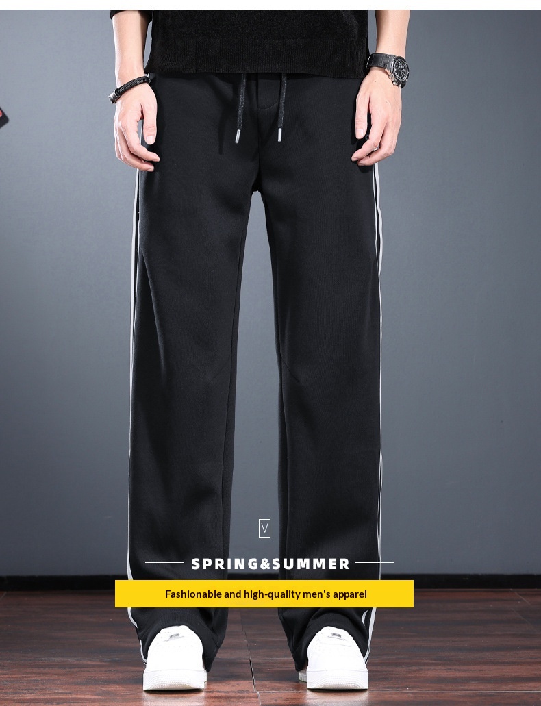 Trendige, gerade geschnittene Freizeithose mit weitem Bein für Herren, Frühlings- und Herbststil, lockere Passform, entspanntes Tragegefühl, gestreift wie von der Stange_voghion.com