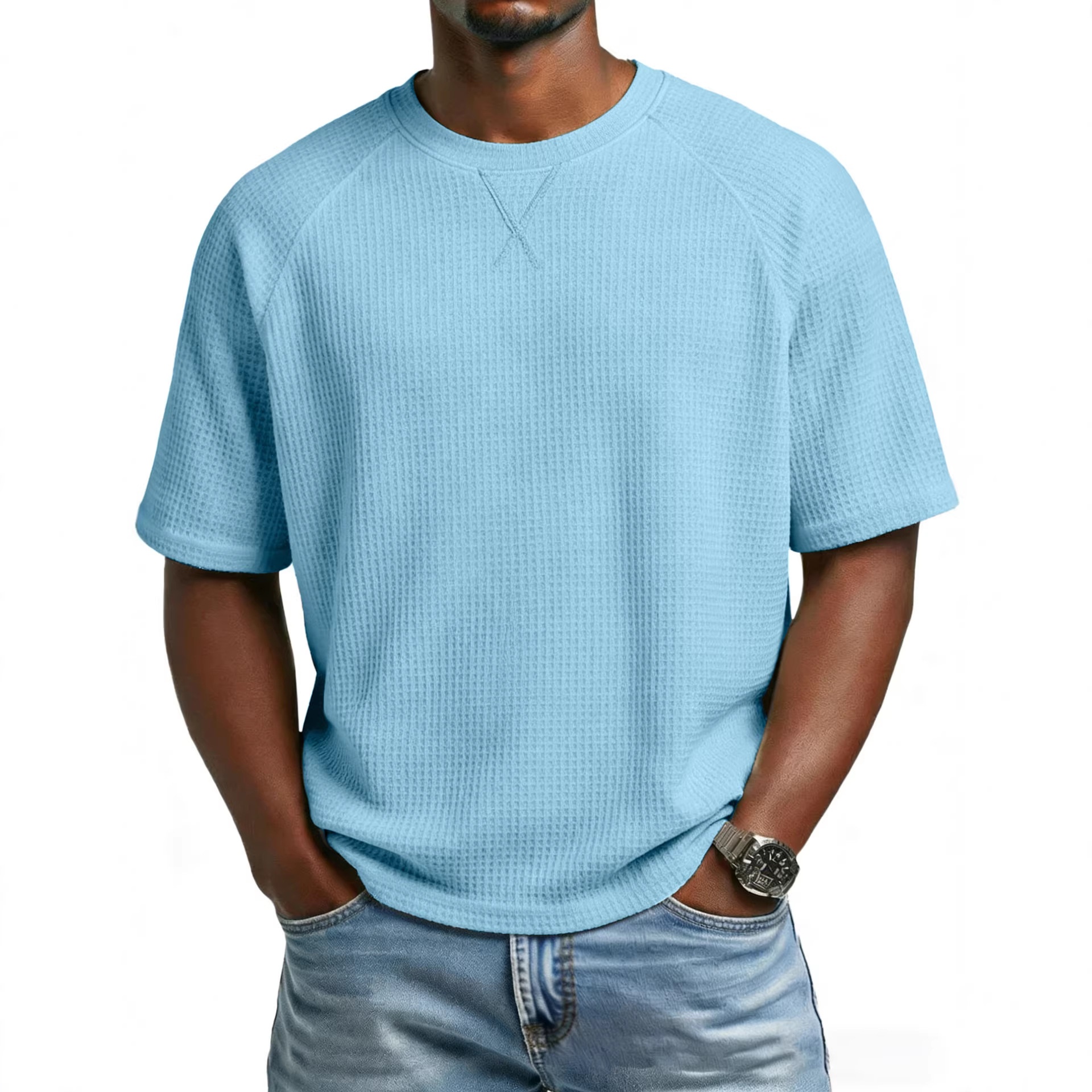 European And American Spring Cross-Border Independent Station Men's Waffle Knit Solid Color Embroidered Raglan Round_voghion.com