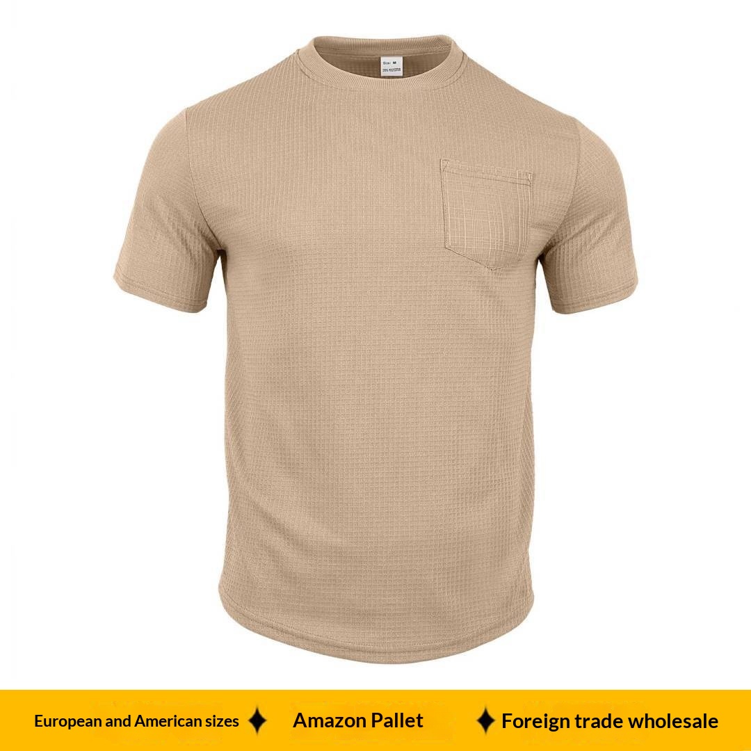 Grenzüberschreitender europäischer und amerikanischer Herren-Sommerpullover aus Waffelstrick mit Rundhalsausschnitt, kurzen Ärmeln, atmungsaktiv, mit Tasche, einfarbig_voghion.com