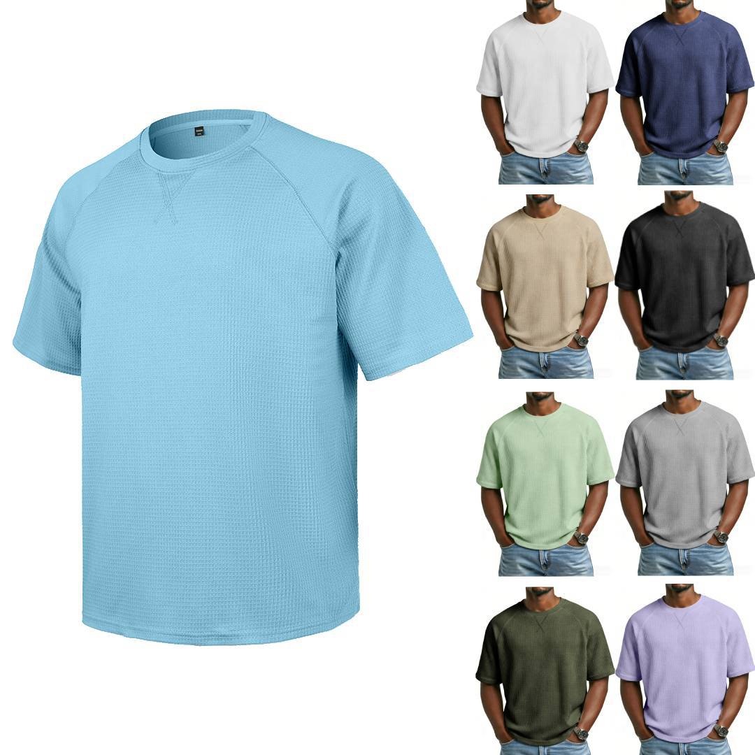 Men's Waffle Knit T-shirt Embroidered Raglan Round Neck Top_voghion.com