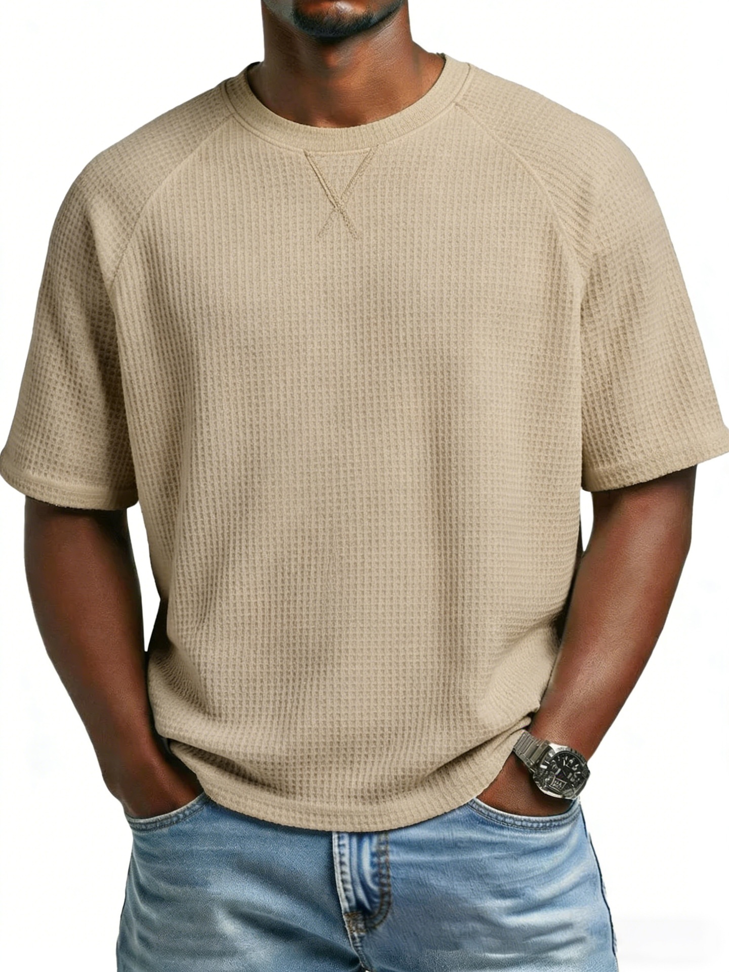 Men's Waffle Knit T-shirt Embroidered Raglan Round Neck Top_voghion.com