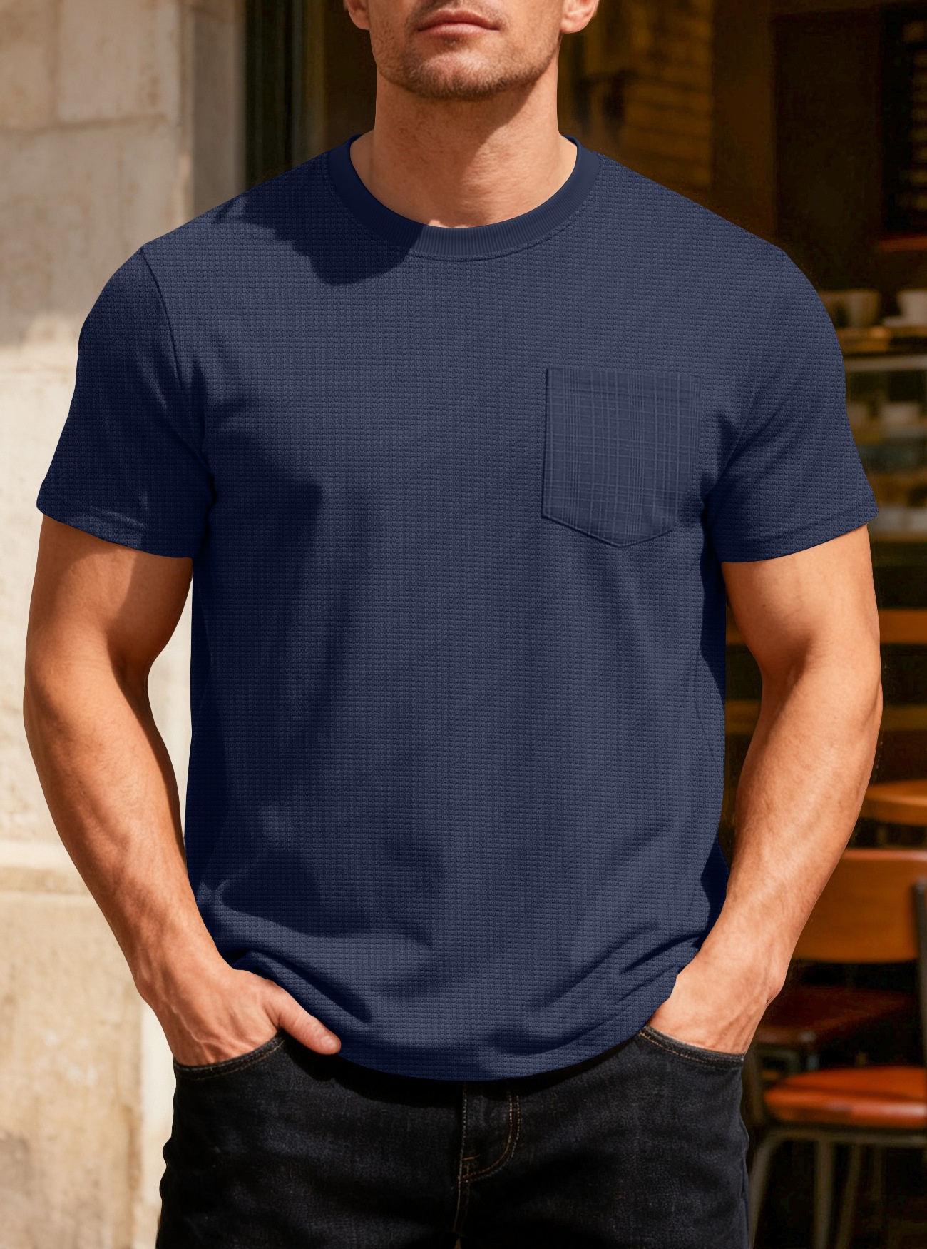 Herren Waffelstrick T-shirt Kurzarm Rundhals Sommer Oberteil_voghion.com