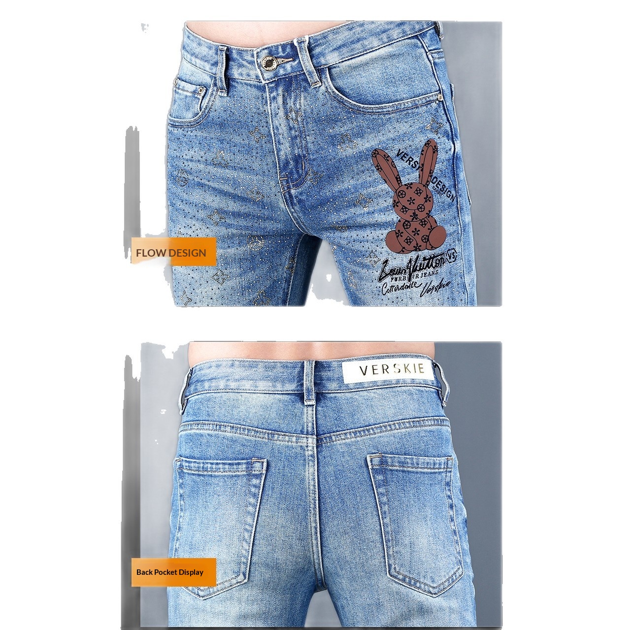 European Style Violent Bear Denim Pants For Men, Trendy Brand With Rhinestones, Light Luxury Casual Men's Trousers, New_voghion.com