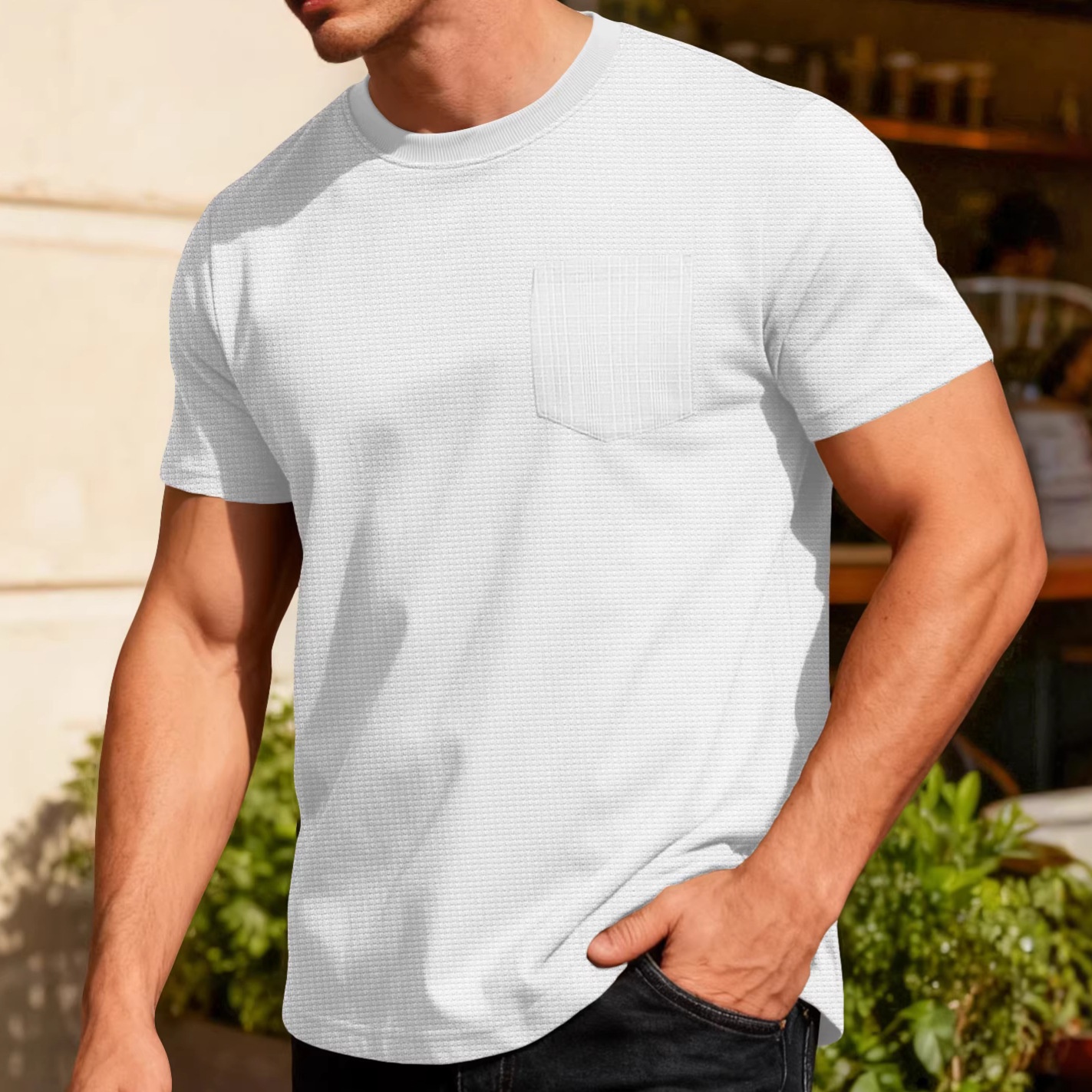 Grenzüberschreitender europäischer und amerikanischer Herren-Sommerpullover aus Waffelstrick mit Rundhalsausschnitt, kurzen Ärmeln, atmungsaktiv, mit Tasche, einfarbig_voghion.com