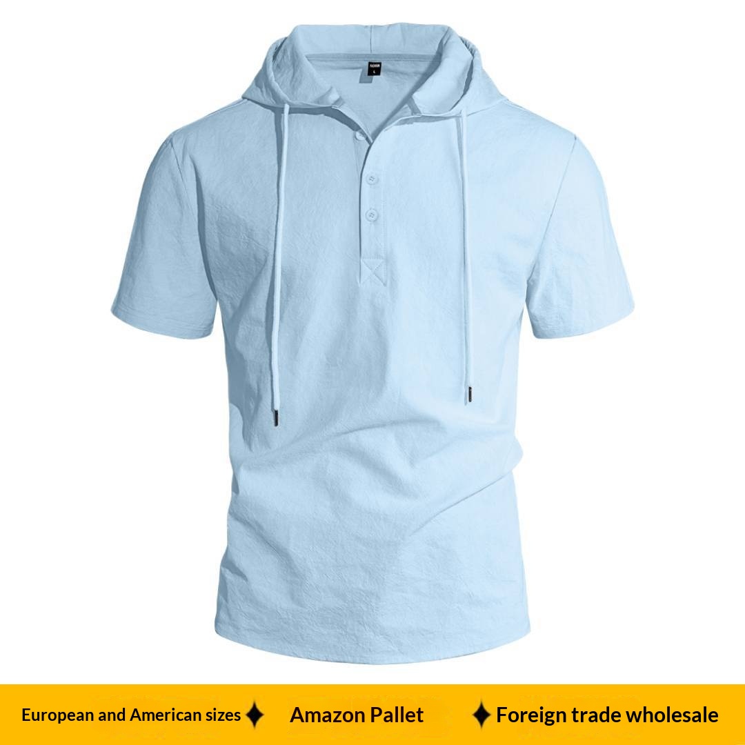 Nuova maglietta con cappuccio da uomo Cross-border in lino, casual da spiaggia, a maniche corte, tinta unita._voghion.com