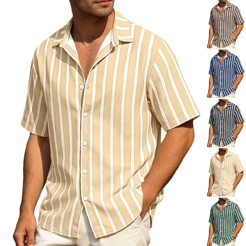 Herren Polohemd Gestreift Locker Geschnittenes Sommerhemd_voghion.com