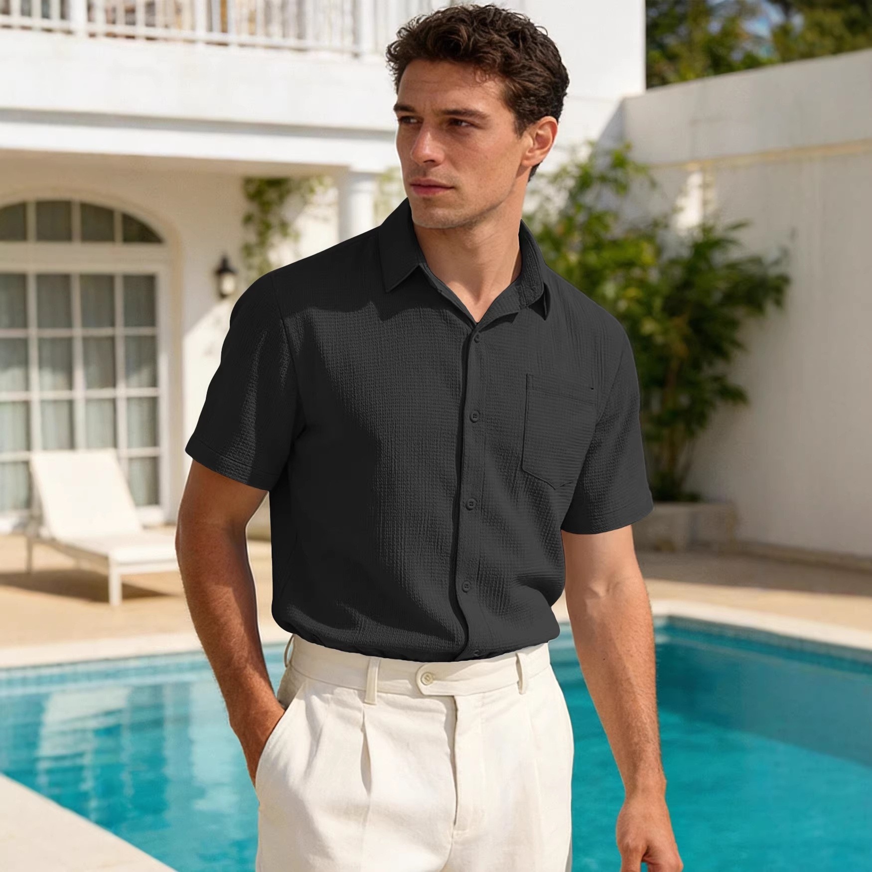 Cross-border European And American Summer Solid Color Lapel Pocket Short-sleeve Shirt, Smart Casual Business_voghion.com