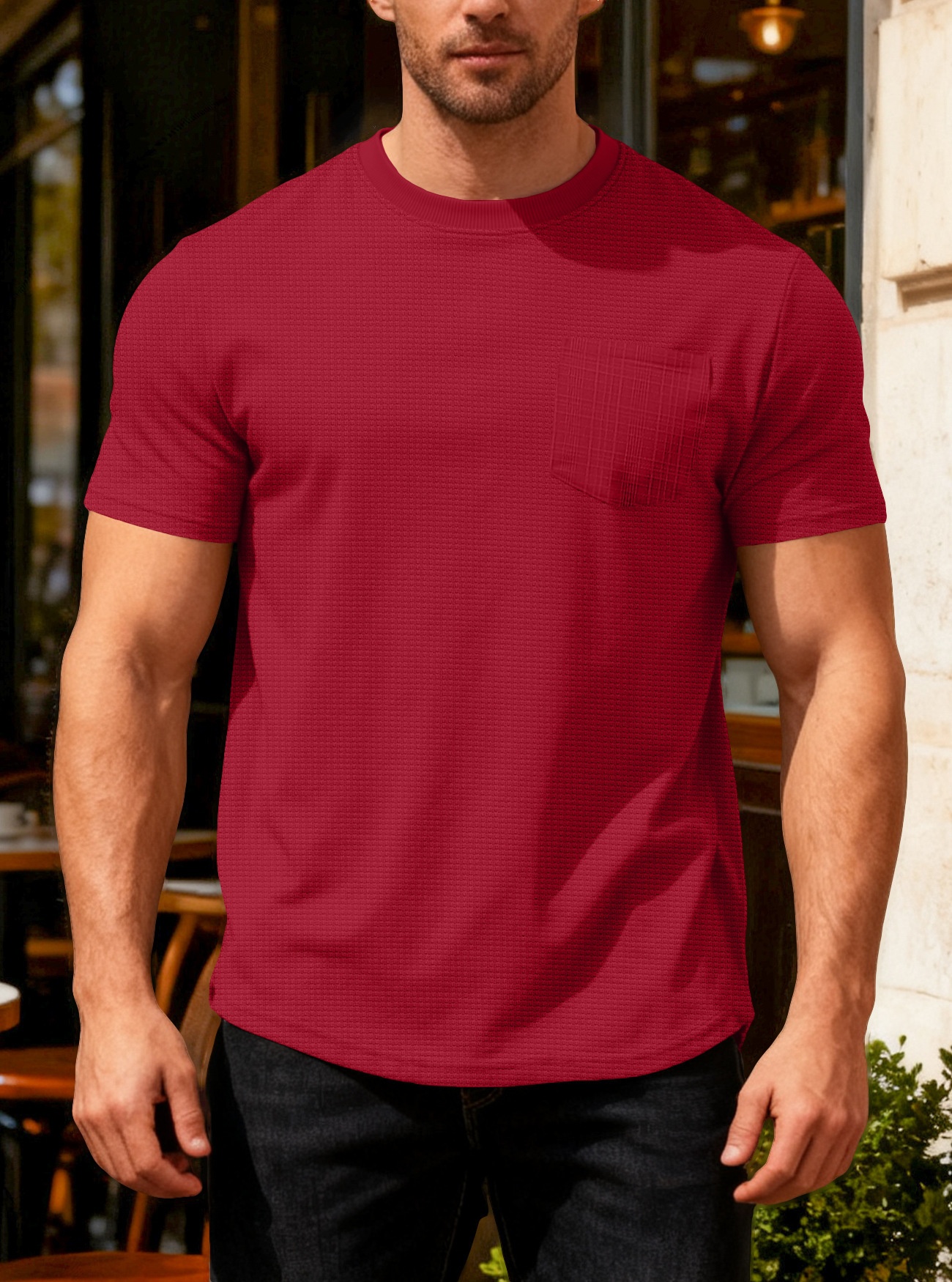 Herren Waffelstrick T-shirt Kurzarm Rundhals Sommer Oberteil_voghion.com