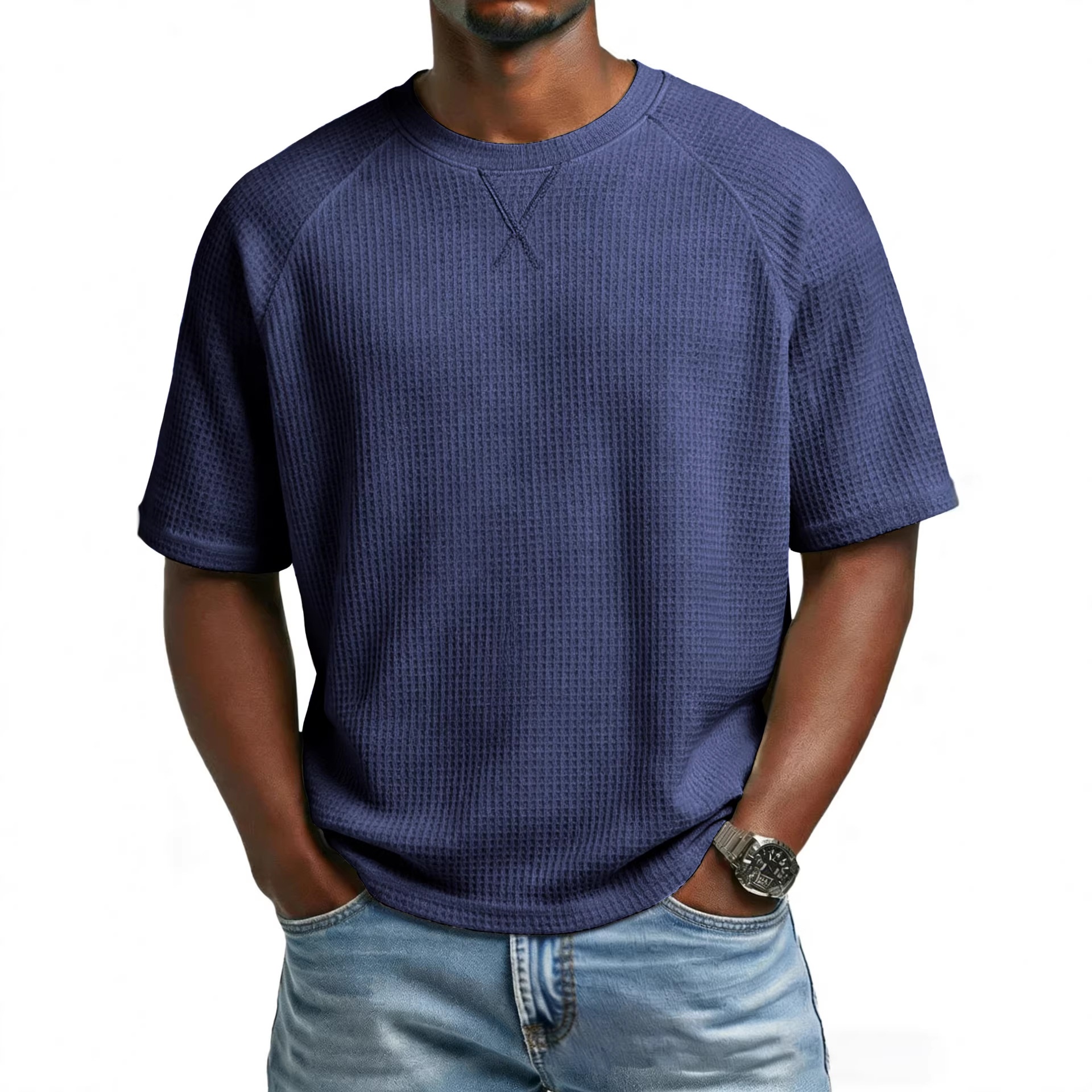 European And American Spring Cross-Border Independent Station Men's Waffle Knit Solid Color Embroidered Raglan Round_voghion.com