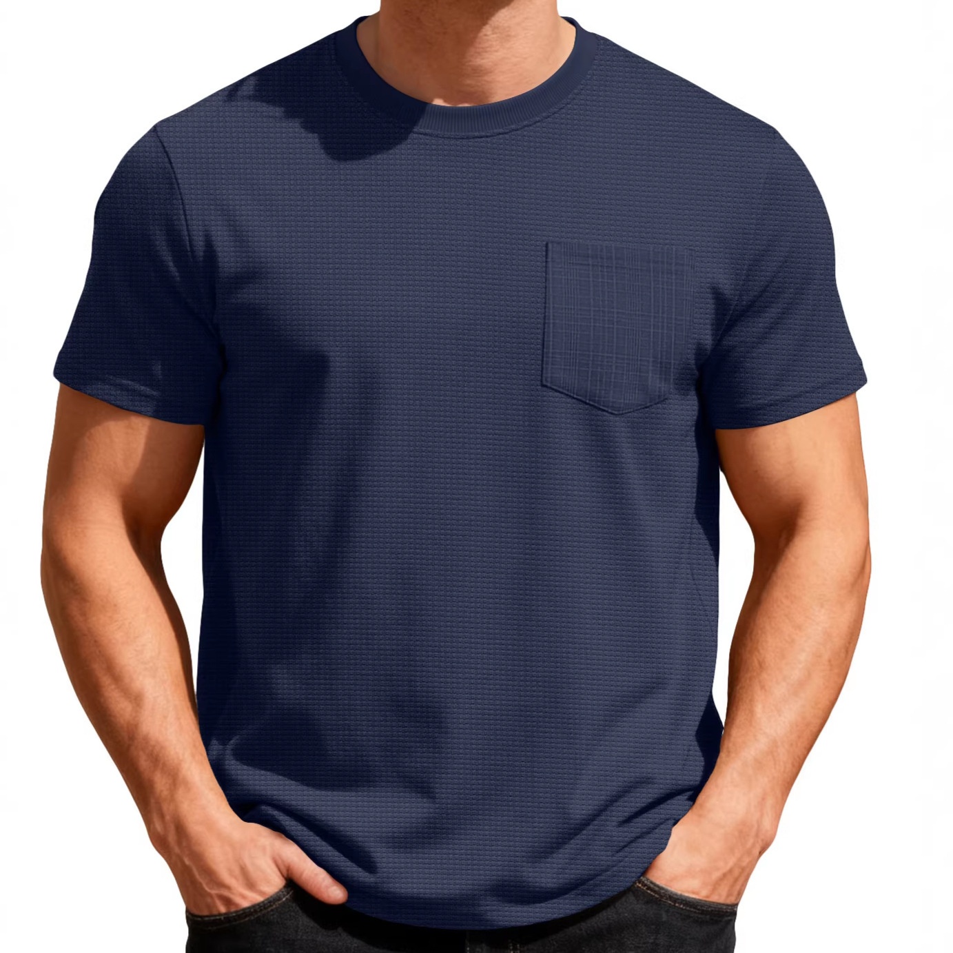 Grenzüberschreitender europäischer und amerikanischer Herren-Sommerpullover aus Waffelstrick mit Rundhalsausschnitt, kurzen Ärmeln, atmungsaktiv, mit Tasche, einfarbig_voghion.com