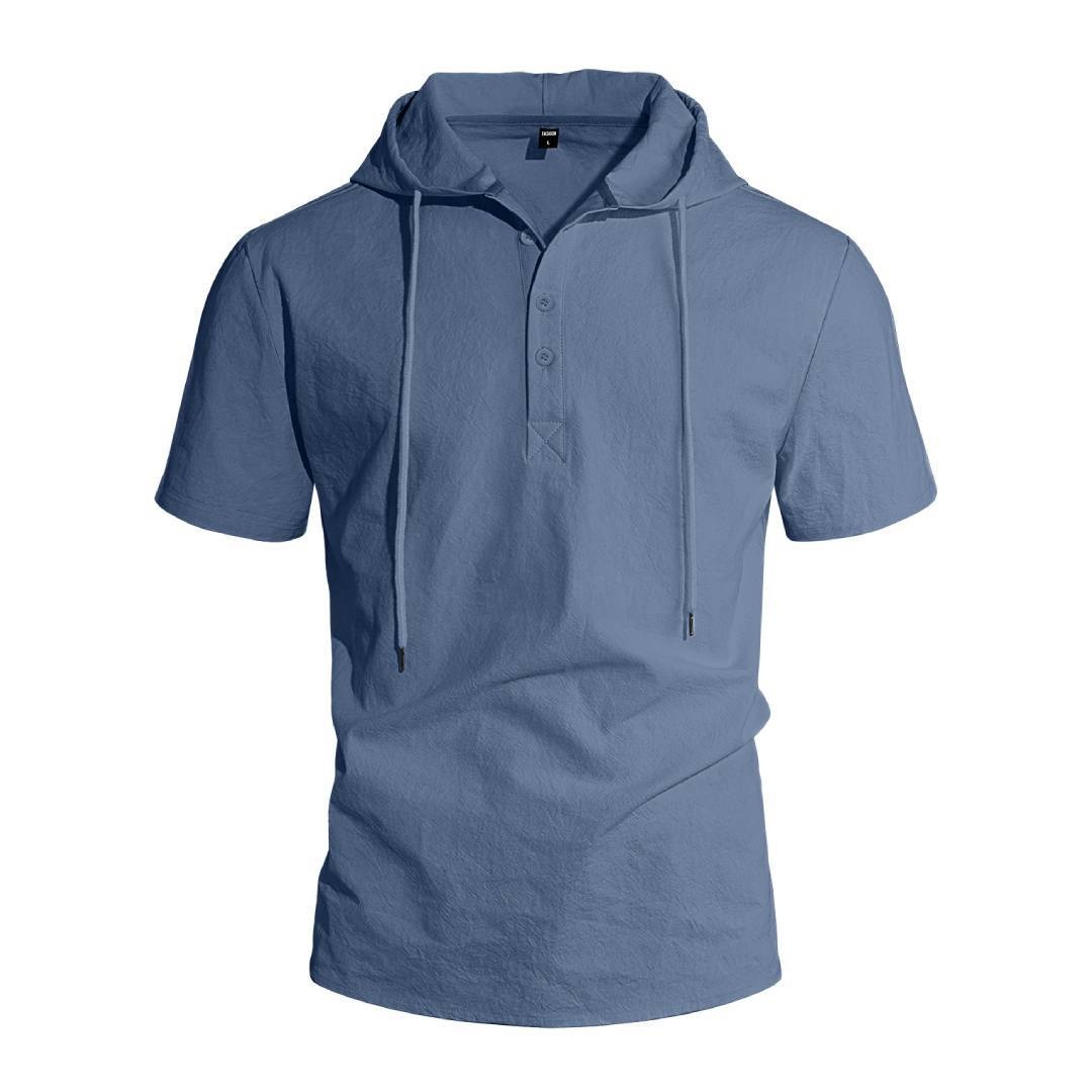Nuova maglietta con cappuccio da uomo Cross-border in lino, casual da spiaggia, a maniche corte, tinta unita._voghion.com