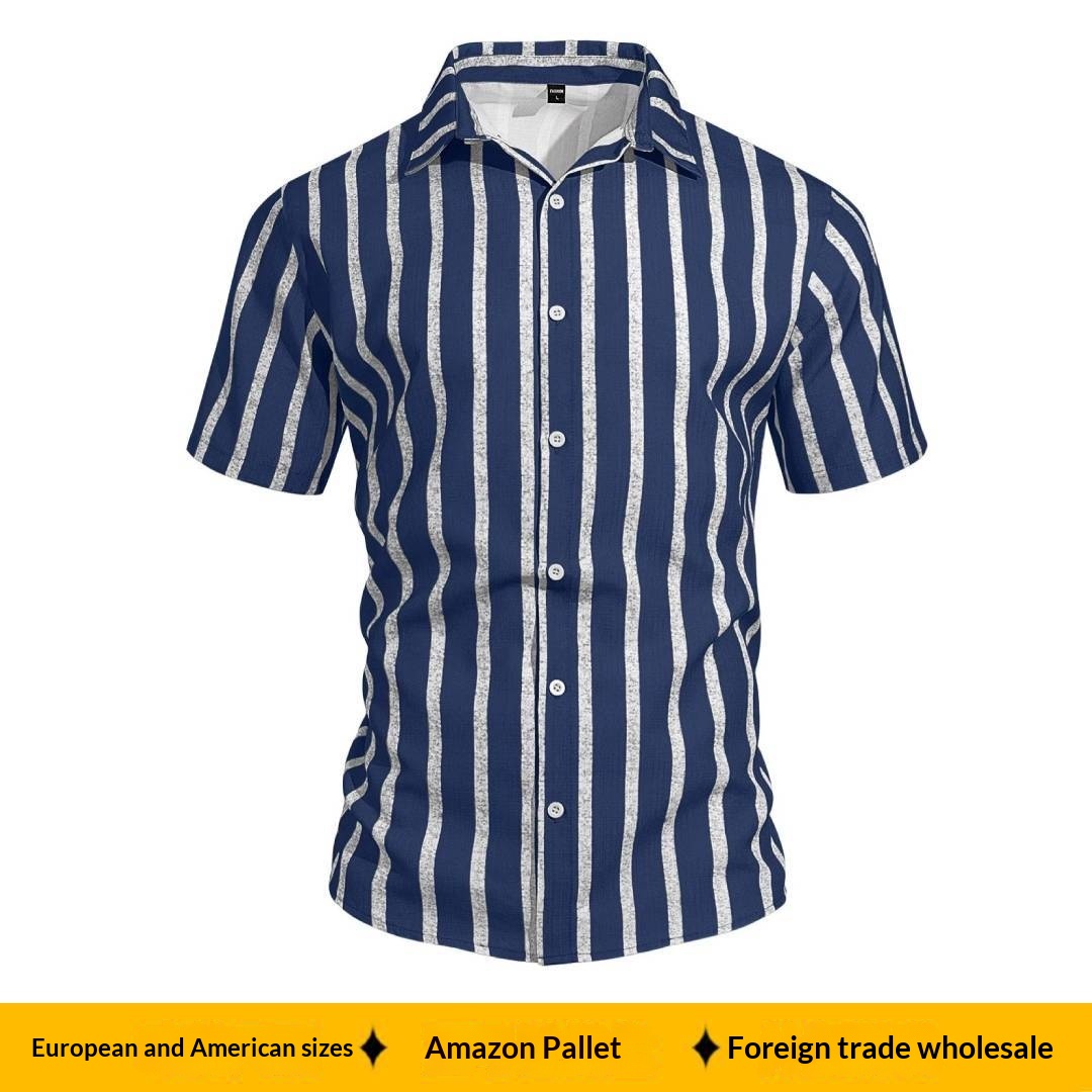 Summer New Foreign Trade Plus-size Striped Shirt, Cross-border Men's Casual Versatile Loose-fit Short-sleeve Shirt_voghion.com