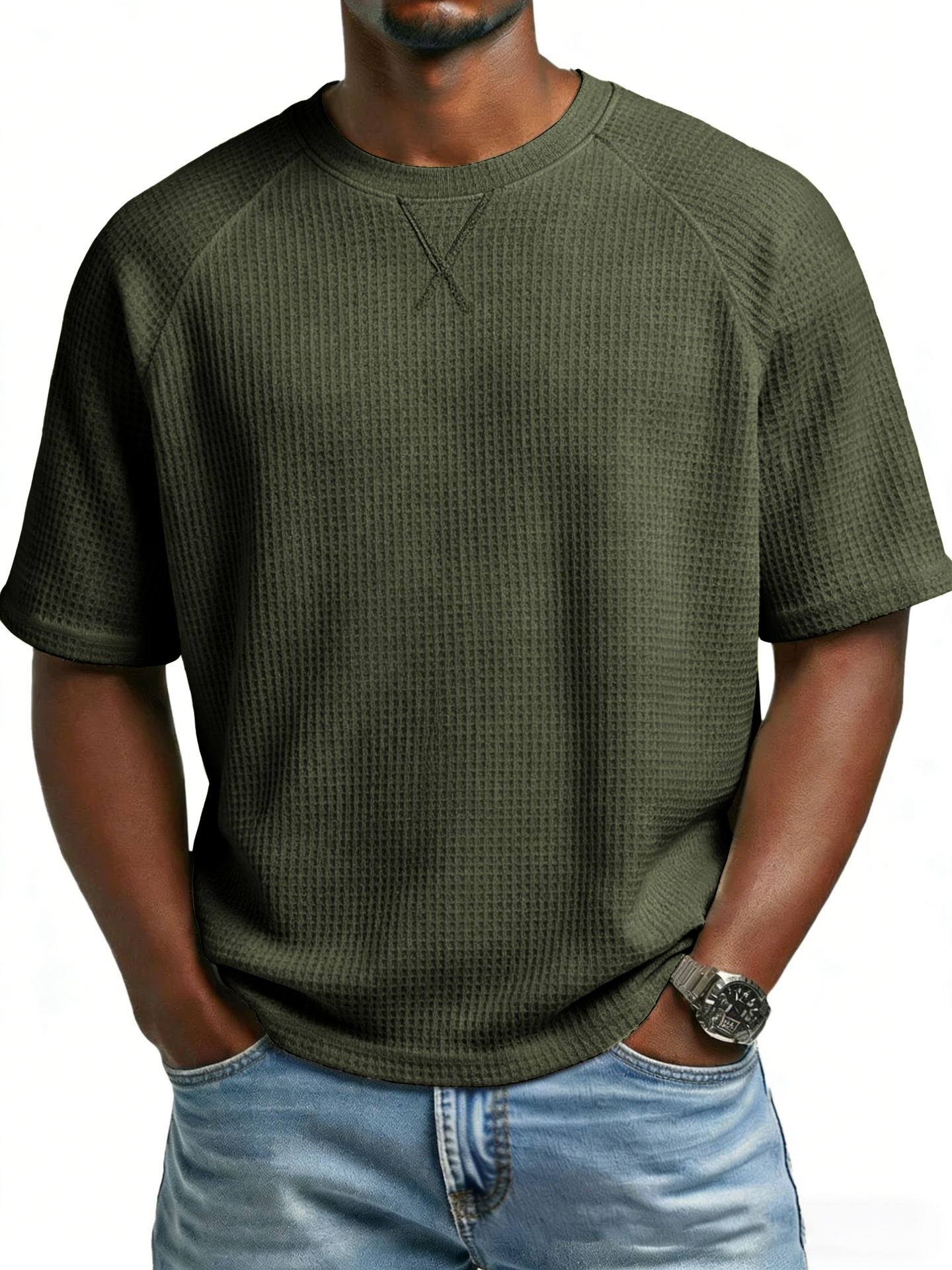 Men's Waffle Knit T-shirt Embroidered Raglan Round Neck Top_voghion.com