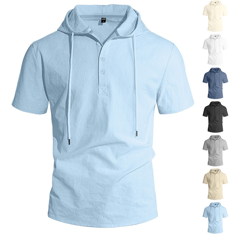 Nuova maglietta con cappuccio da uomo Cross-border in lino, casual da spiaggia, a maniche corte, tinta unita._voghion.com