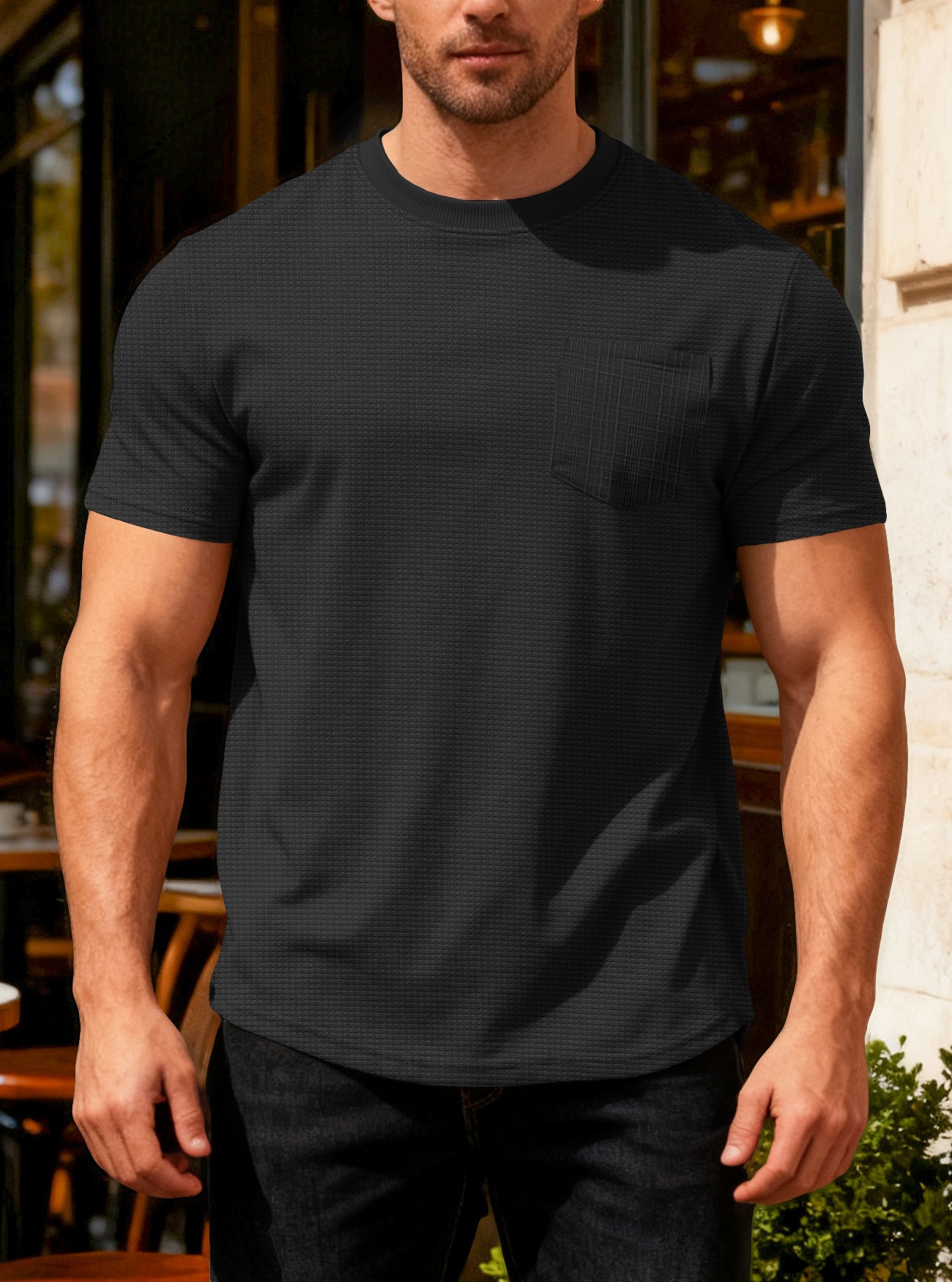 Herren Waffelstrick T-shirt Kurzarm Rundhals Sommer Oberteil_voghion.com
