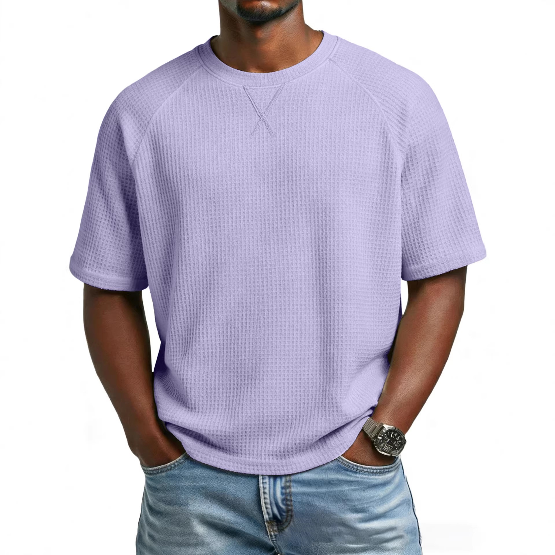European And American Spring Cross-Border Independent Station Men's Waffle Knit Solid Color Embroidered Raglan Round_voghion.com