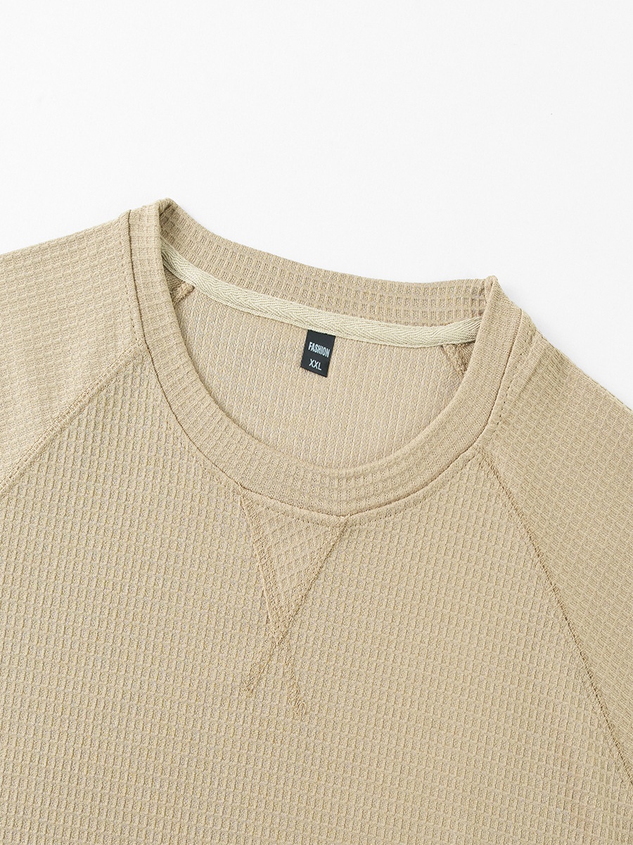 Men's Waffle Knit T-shirt Embroidered Raglan Round Neck Top_voghion.com