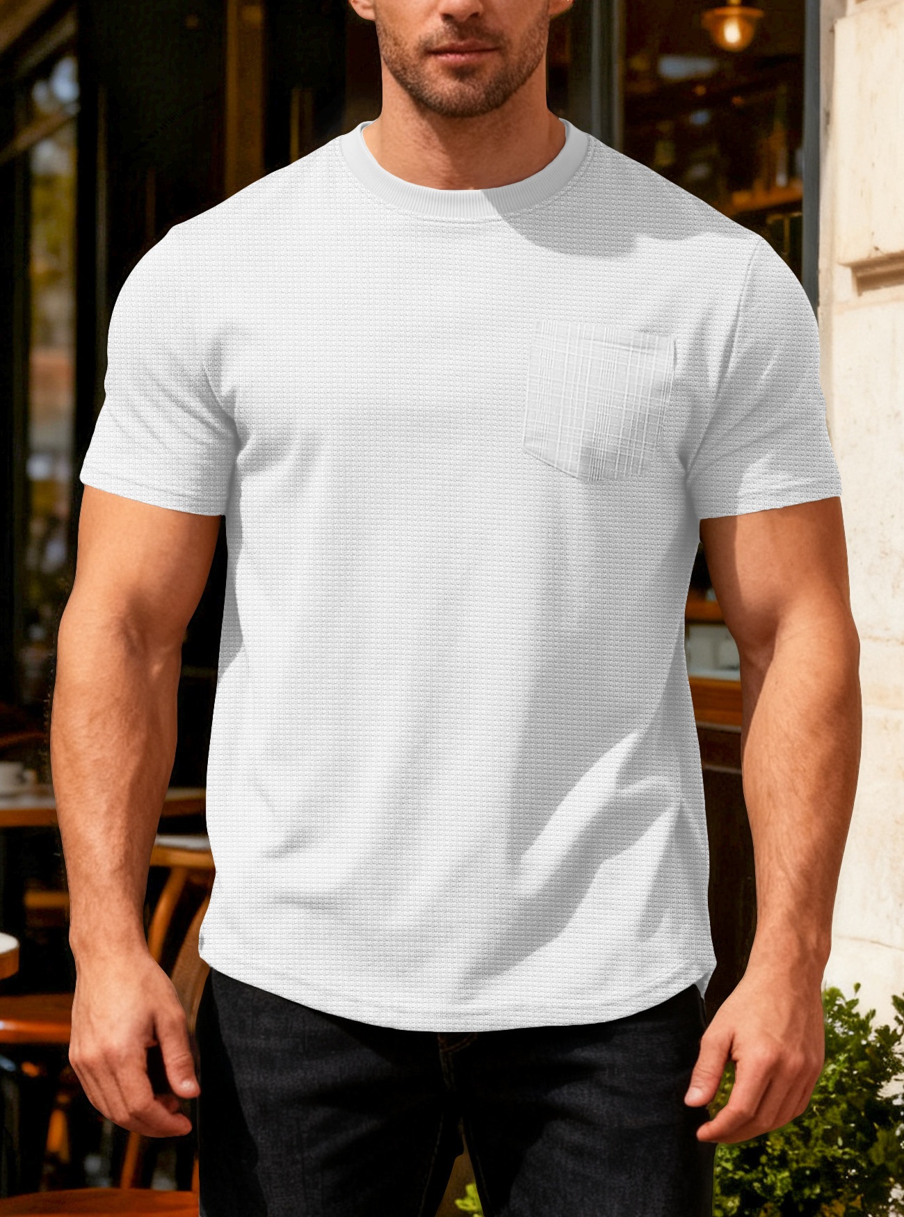 Herren Waffelstrick T-shirt Kurzarm Rundhals Sommer Oberteil_voghion.com
