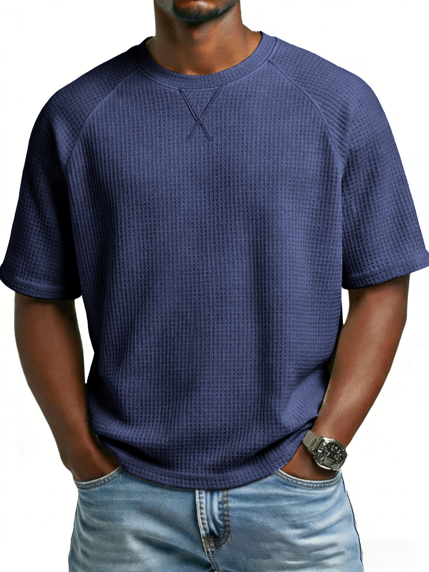 Men's Waffle Knit T-shirt Embroidered Raglan Round Neck Top_voghion.com