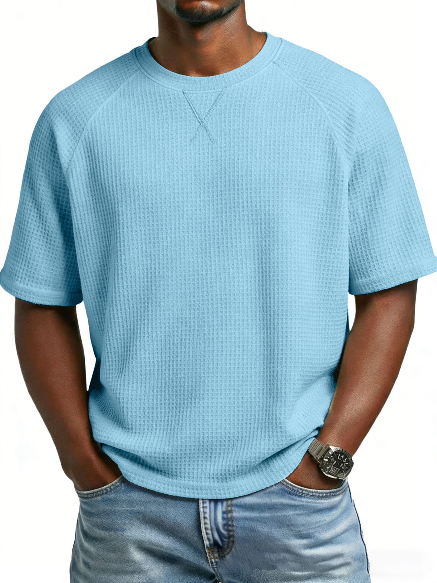 Men's Waffle Knit T-shirt Embroidered Raglan Round Neck Top_voghion.com