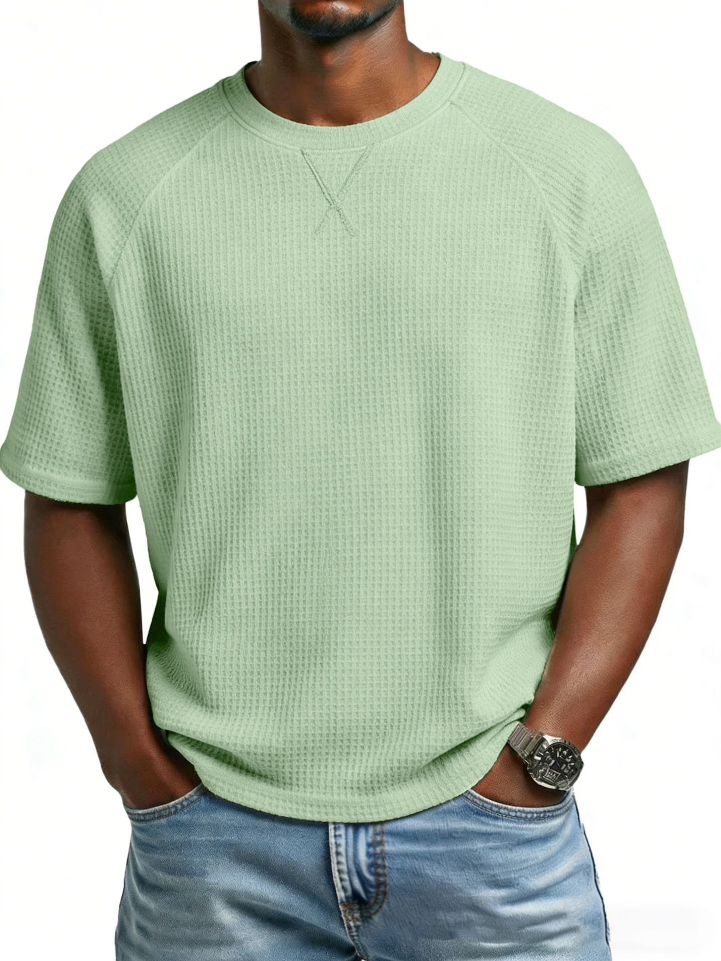Men's Waffle Knit T-shirt Embroidered Raglan Round Neck Top_voghion.com