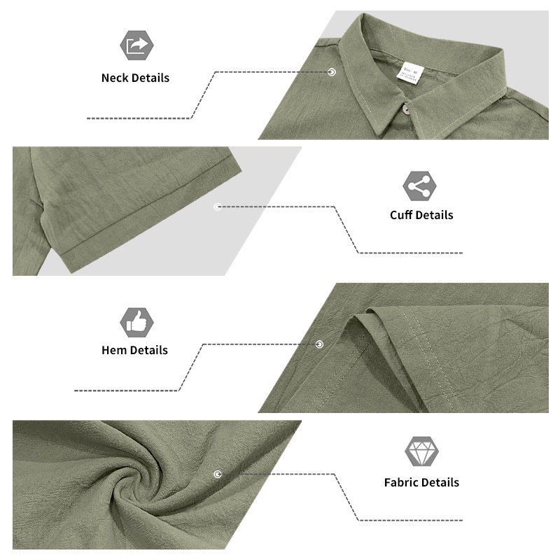 European And American Men's Spring/Summer Linen Short-Sleeve Turn-Down Collar Shirt, Solid Color, Breathable,_voghion.com