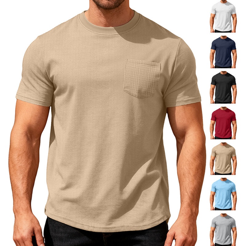 Herren Waffelstrick T-shirt Kurzarm Rundhals Sommer Oberteil_voghion.com