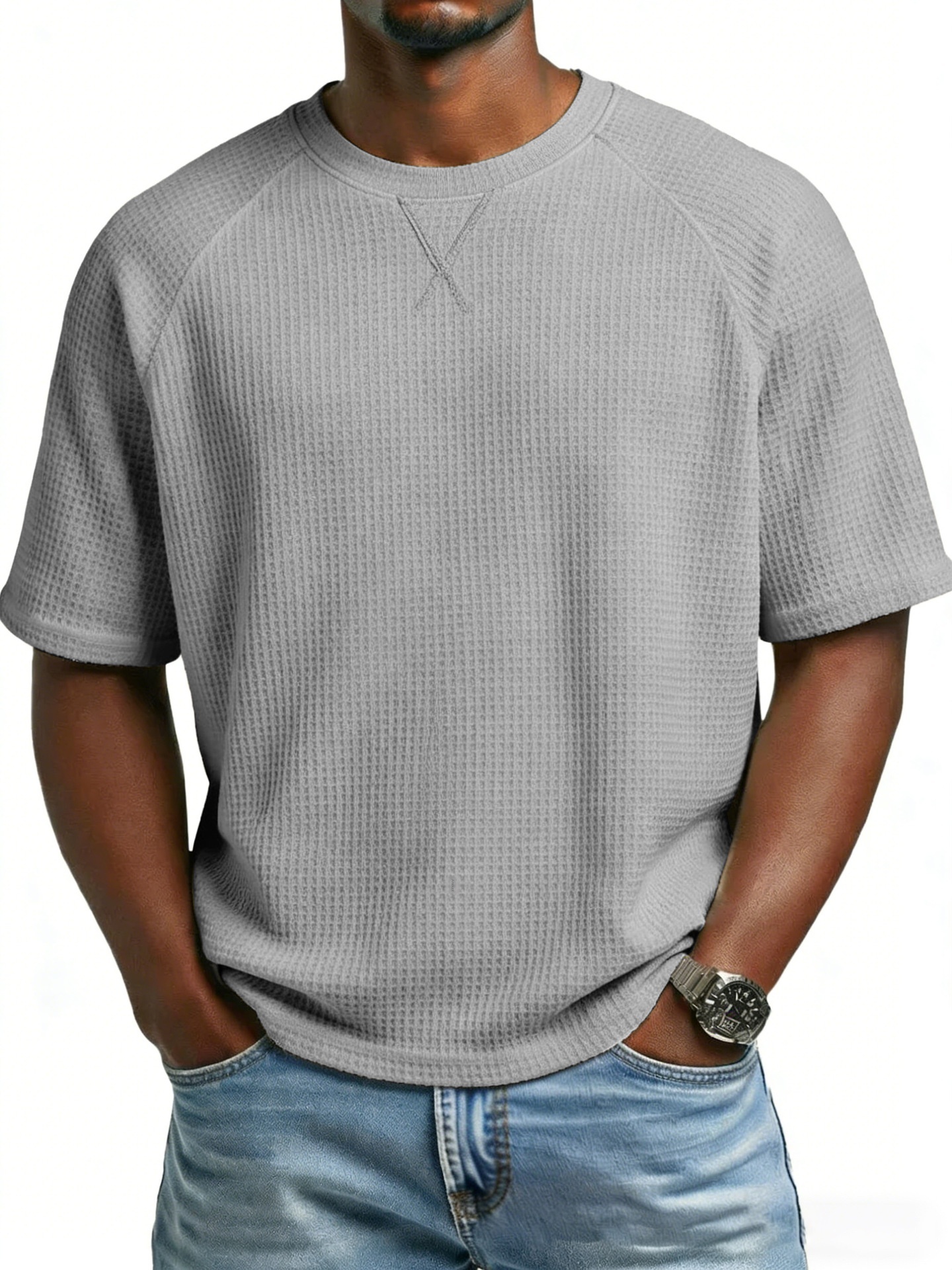 Men's Waffle Knit T-shirt Embroidered Raglan Round Neck Top_voghion.com