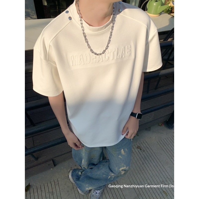 White Printed Letter Short-sleeve Men's Summer T-shirt With Rivet Design, Small Neckline, Clean Fit, Regular Shoulder,_voghion.com