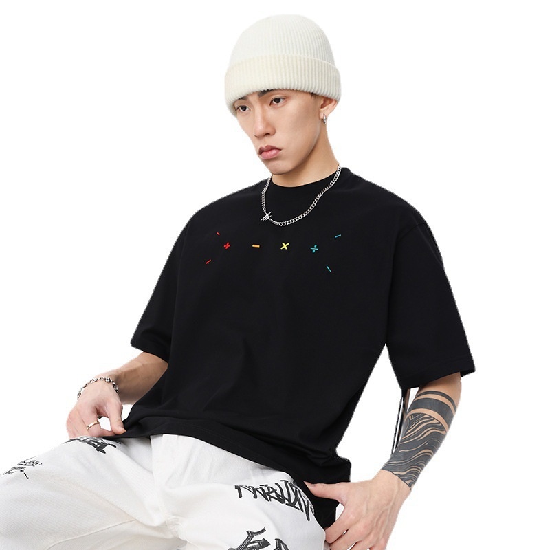 Men's Heavyweight Embroidered T-shirt Loose Fit American Style_voghion.com