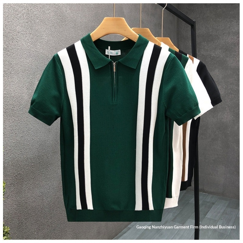 Polo da uomo estiva a righe con blocchi di colore, stile American Gentleman, colletto risvoltato, maniche corte, lavorata a maglia._voghion.com