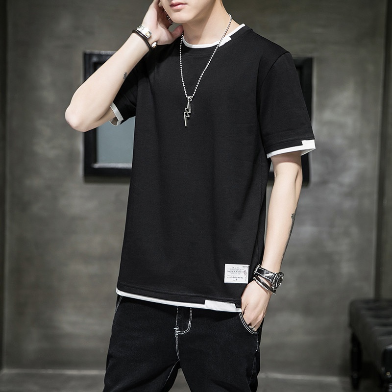 Men's T-shirt Round Neck Solid Colour Trendy Summer Casual Top_voghion.com