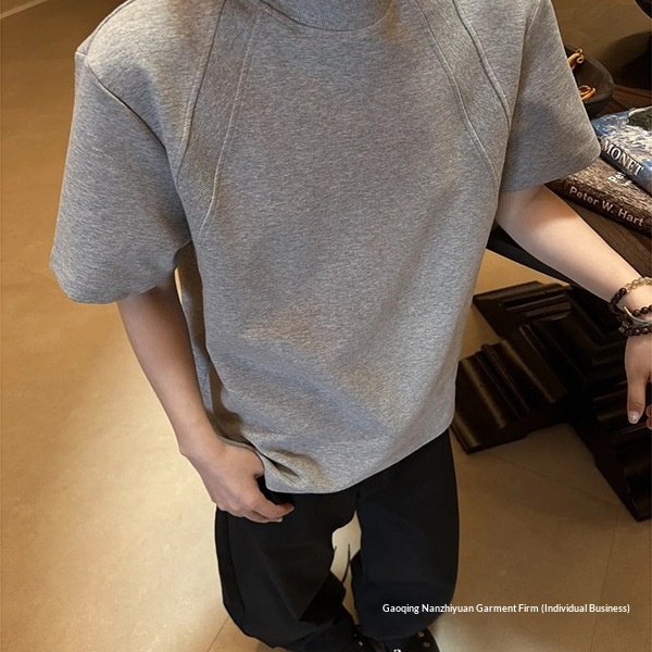 American-style Heavy-weight Air-layer Spliced Short-sleeve Men's T-shirt, Summer Boxy Fit, Wrinkle-resistant, Stiff,_voghion.com