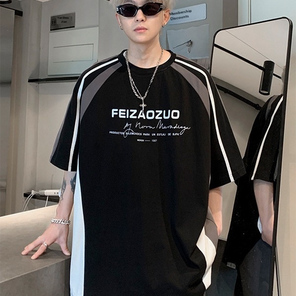 T-shirt da uomo a righe patchwork stile american street loose_voghion.com