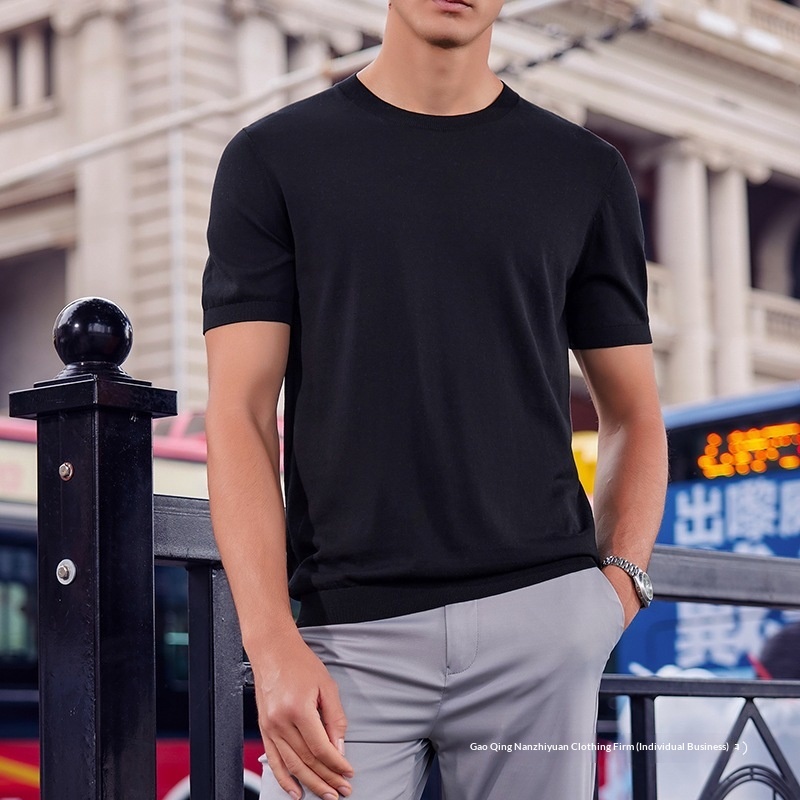 Herren T-shirt Aus Eisseide Kurzarm Rundhals Sommer Strickshirt_voghion.com