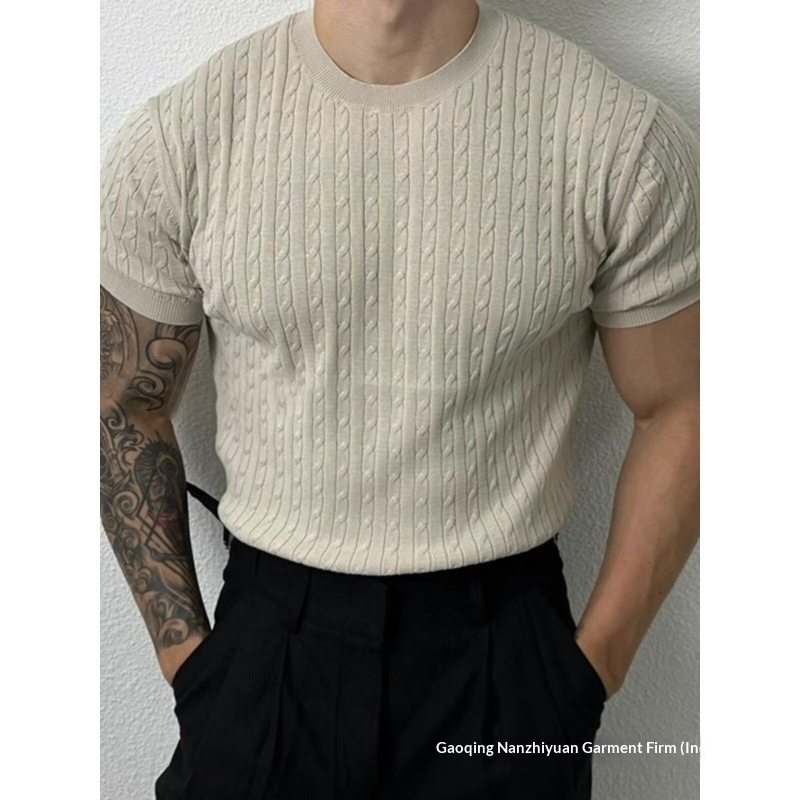 Summer Korean-style Light Luxury Fashion Short-sleeve Knit Shirt, Men's Round-neck Cable-knit Stretchy Thin Half-sleeve_voghion.com