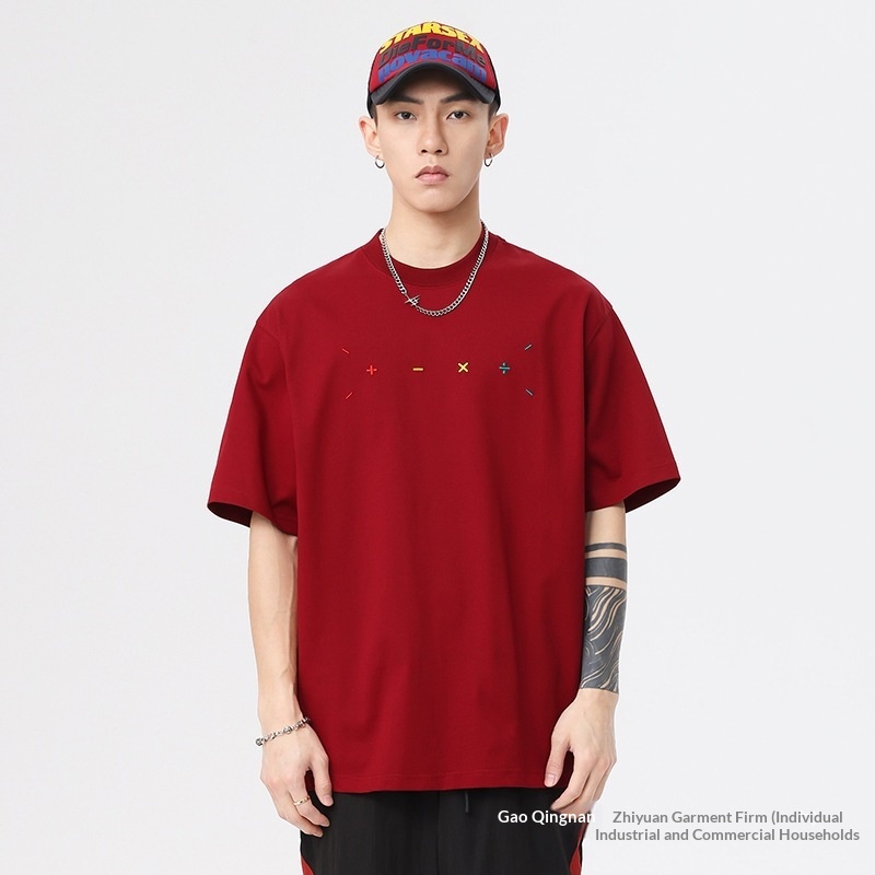 260g Heavy Weight Summer Short-sleeve T-shirt For Men, Loose Fit, Large Size, American Style, Embroidered Letters, Black_voghion.com