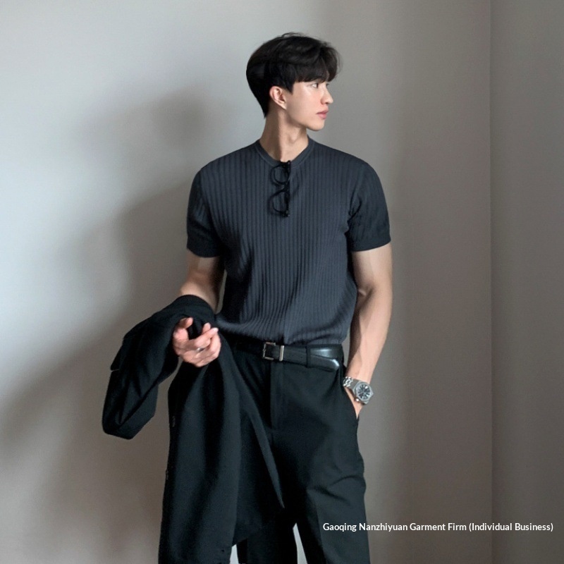 MYQ Thin Striped Short Sleeve Shirt Men's Summer Korean Style Slim Fit Stretch Round Neck Knitted T-Shirt Top Trendy_voghion.com