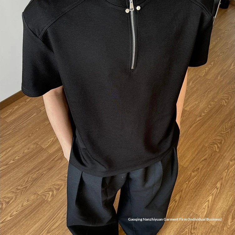 300g Heavyweight Space Cotton Short Sleeve Men's Summer American Style Half-Zip Regular Shoulder Patchwork Plus Size_voghion.com