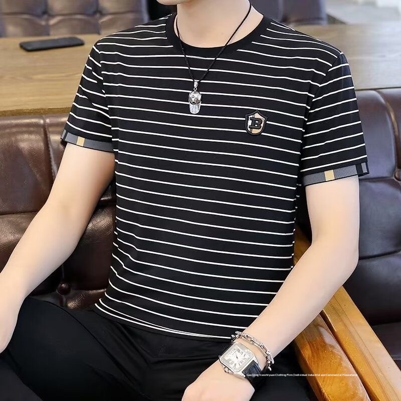 Summer New Men's Round-neck Short-sleeve T-shirt, Striped Casual Fashion Trendy Stylish Half-sleeve Top_voghion.com