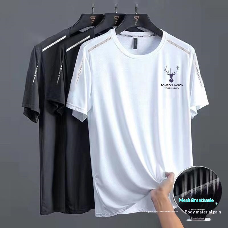 [Fast Shipping] Summer Ice Silk T-Shirt For Men, Round Neck, Quick-Dry, Short Sleeve, Chinese Print, Breathable, Plus_voghion.com