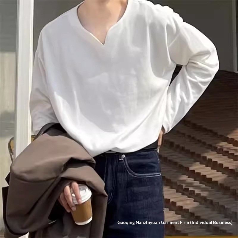 Camisa masculina de manga comprida estilo coreano com gola elegante, ideal para primavera e outono, modelagem solta e cor sólida._voghion.com