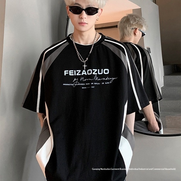T-shirt da uomo a righe patchwork stile american street loose_voghion.com