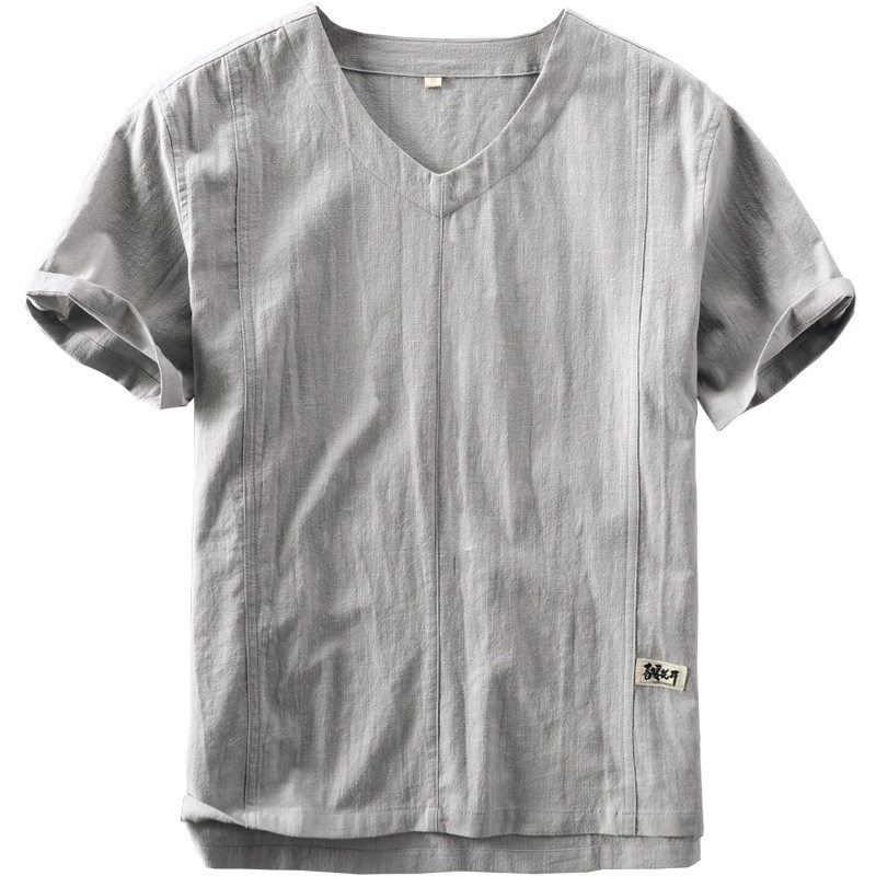 Men's Linen T-shirt V-neck Casual Summer Pullover For Men_voghion.com