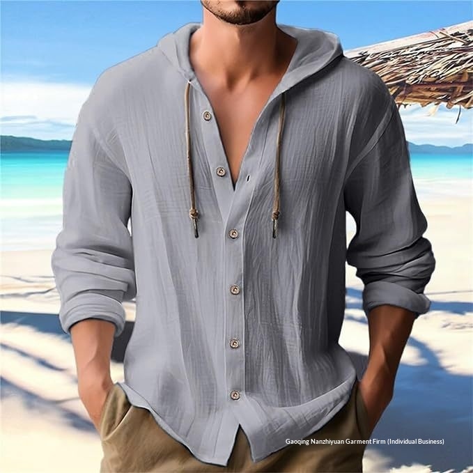 T-shirt con cappuccio da uomo in cotone e lino, tinta unita, casual, a maniche lunghe, primavera-estate, modello Cross-Border 2025_voghion.com
