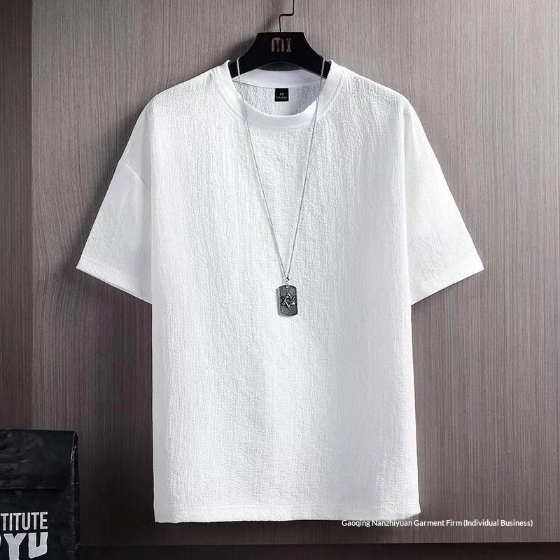 Ice Silk Short Men Sommer New Half T-Shirt Baumwolle Leinen Einfarbig Loose Base Shirt Weiß Fünfviertelärmel_voghion.com