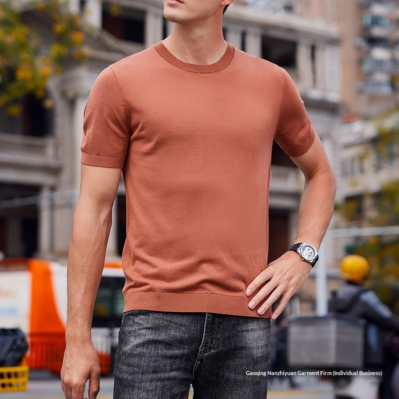 Herren T-shirt Aus Eisseide Kurzarm Rundhals Sommer Strickshirt_voghion.com