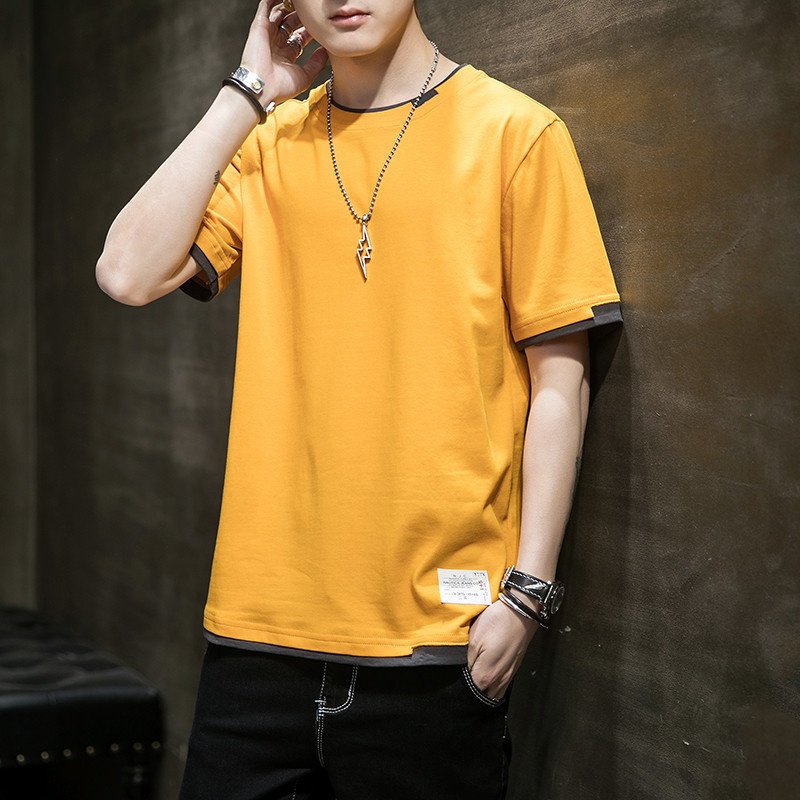 Men's T-shirt Round Neck Solid Colour Trendy Summer Casual Top_voghion.com