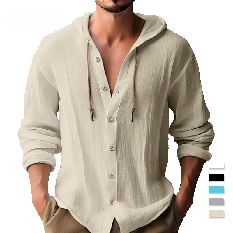 T-shirt con cappuccio da uomo in cotone e lino, tinta unita, casual, a maniche lunghe, primavera-estate, modello Cross-Border 2025_voghion.com