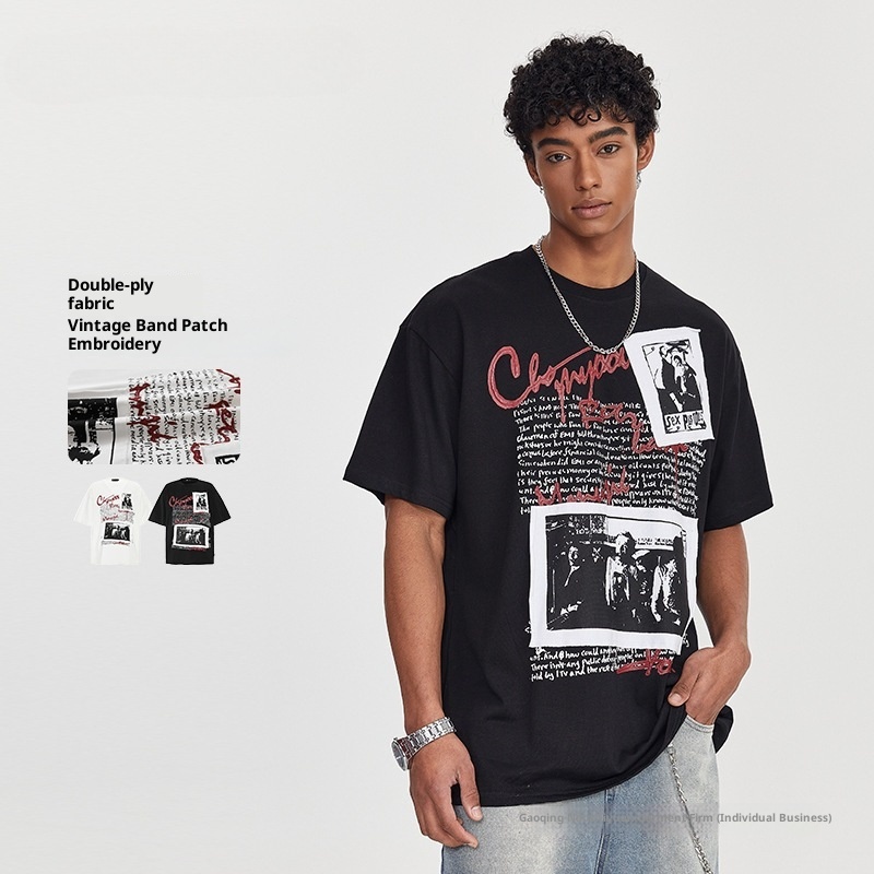 T-shirt uomo stile american retro con patch stampa oversize_voghion.com